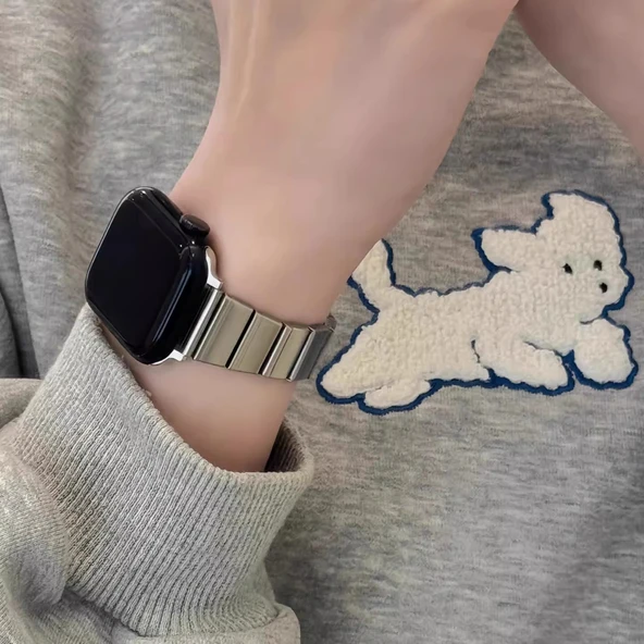 Apple Watch Paslanmaz Çelik Kelebek Tokalı Bambu Kordon - Gümüş iwatchS10-42mm - 2