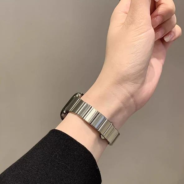 Apple Watch Paslanmaz Çelik Kelebek Tokalı Bambu Kordon - Gümüş iwatchS10-42mm - 6