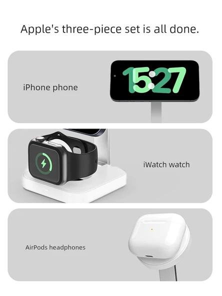 3'ü 1 Arada Kablosuz Şarj Standı - Apple 12/13/14/15/16 (Kılıfsız veya Manyetik Kılıflı) - 4