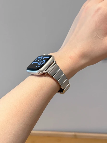 Apple Watch Paslanmaz Çelik Kelebek Tokalı Bambu Kordon - Gümüş iwatchS10-42mm - 9