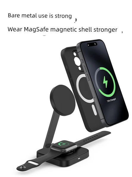 3'ü 1 Arada Kablosuz Şarj Standı - Apple 12/13/14/15/16 (Kılıfsız veya Manyetik Kılıflı)