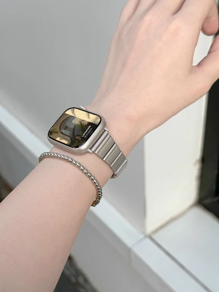 Apple Watch Paslanmaz Çelik Kelebek Tokalı Bambu Kordon - Gümüş iwatchS10-42mm - 11