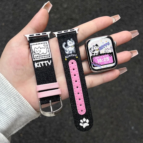 Denim İşlemeli Kedi - Siyah Pembe iQOO WATCH GT için