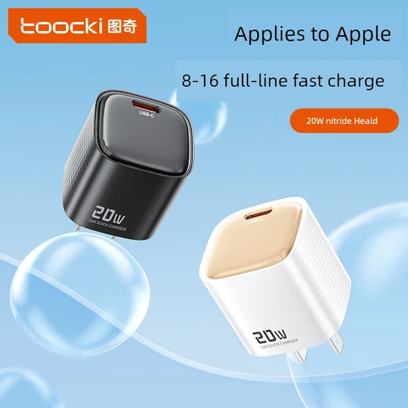 Toocki 20W Şarj Aleti ve 2m DP Kablo - Yağmur Sis Mavi (Apple 8-14) - 2