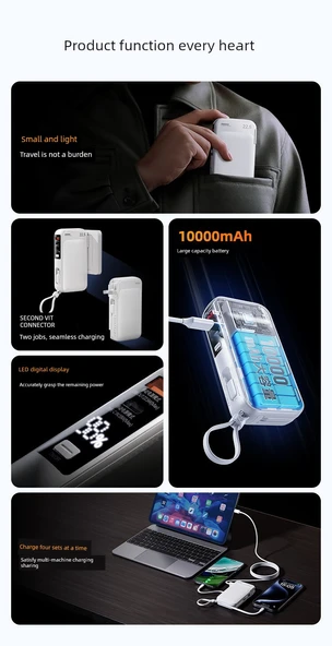 10000mAh Taşınabilir Şarj Aleti - Dahili Kablolu - Yunyanmi - 10