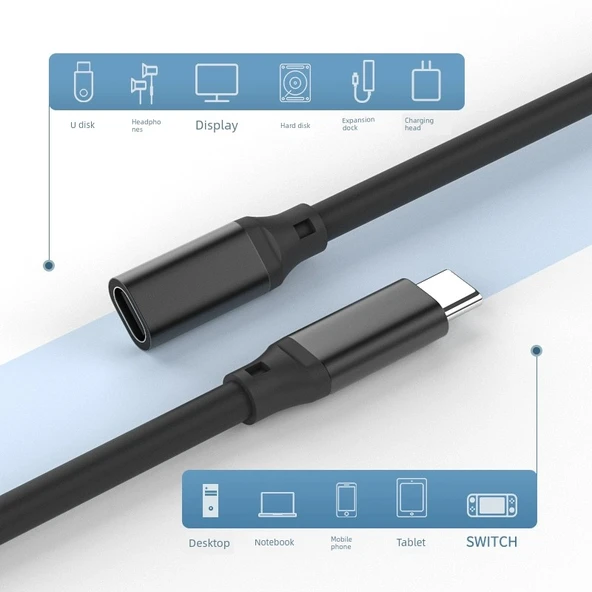 Type-C USB 3.2 Gen 2 Uzatma Kablosu - Siyah - 1 Metre - 3