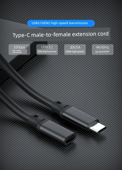 Type-C USB 3.2 Gen 2 Uzatma Kablosu - Siyah - 1 Metre - 7