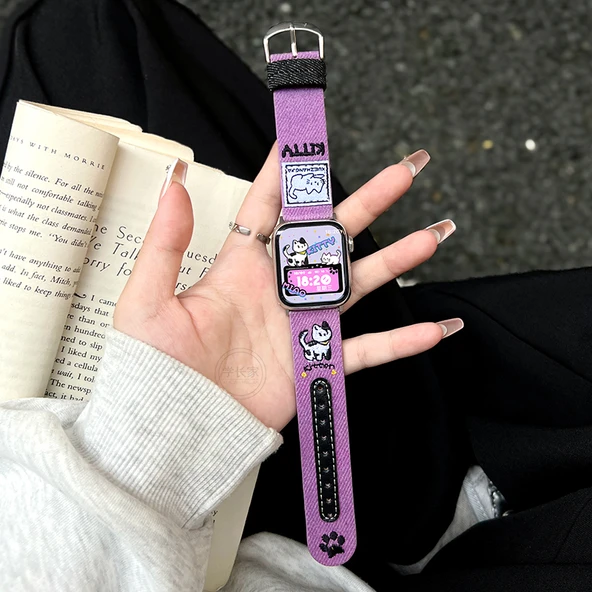 Denim İşlemeli Kedi - Mor Siyah vivo WATCH 3/iQOO Star Track Siyah için