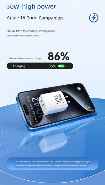 30W Çift USB-C PD Hızlı Şarj Aleti - Yıldız Mavisi - 2.0m PD Kablolu - 8