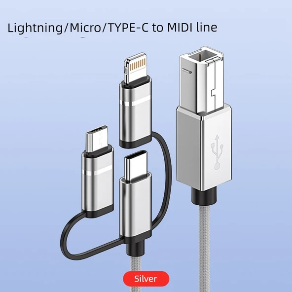 3'ü 1 Arada Type-C/Lightning/Micro USB MIDI Kablosu - Gümüş - 1.5 Metre