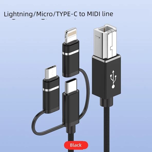 3'ü 1 Arada Type-C/Lightning/Micro USB MIDI Kablosu - Siyah - 1 Metre
