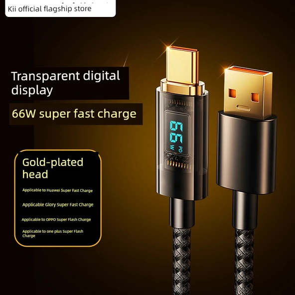 Dijital Ekranlı 66W Type-C Süper Hızlı Şarj Data Kablosu - 1.2 Metre