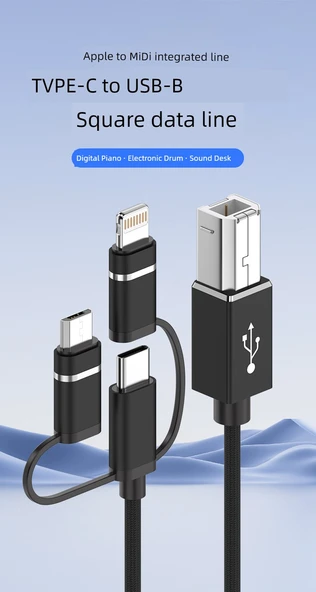 3'ü 1 Arada Type-C/Lightning/Micro USB MIDI Kablosu - Siyah - 1 Metre - 7