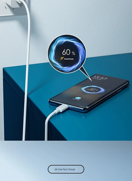 6A Süper Hızlı Şarj Type-C Data Kablosu - 1m Krem Beyazı - 6