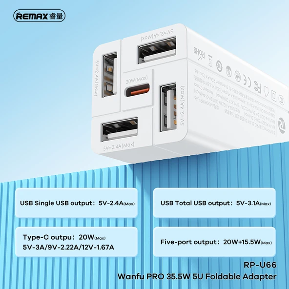 Katlanabilir 5 Portlu Seyahat Adaptörü - 35.5W - Beyaz
