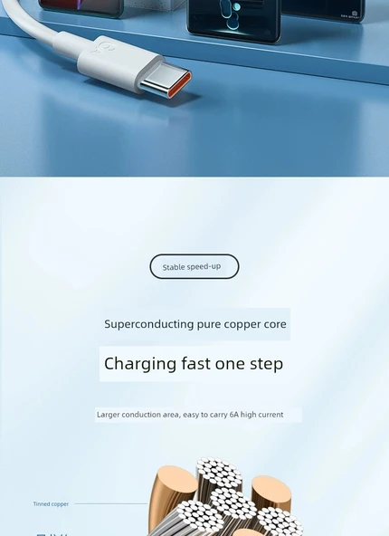 6A Süper Hızlı Şarj Type-C Data Kablosu - 0.5m Krem Beyazı - 2