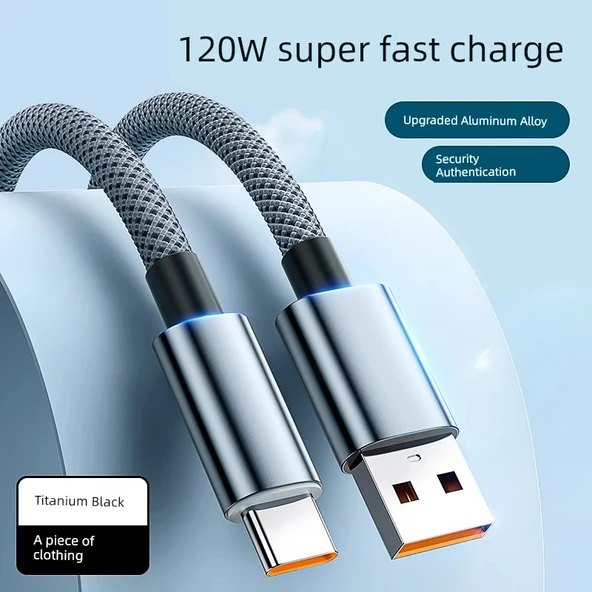 Type-C USB Kablo 120W Süper Hızlı Şarj Alüminyum Örgülü 1m Siyah