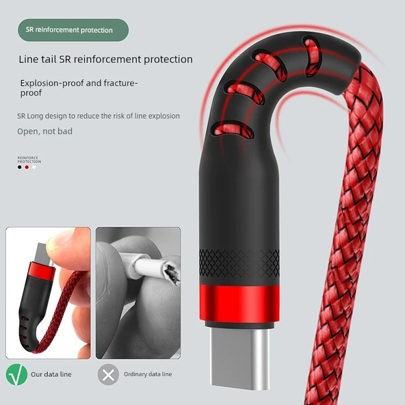 Type-C Hızlı Şarj Data Kablosu - 2 Metre Kırmızı ve Gri - 3