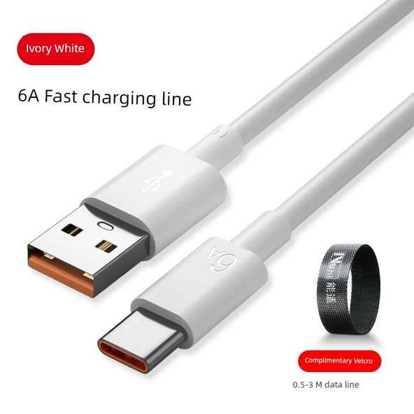 6A Süper Hızlı Şarj Type-C Data Kablosu - 0.5m Krem Beyazı