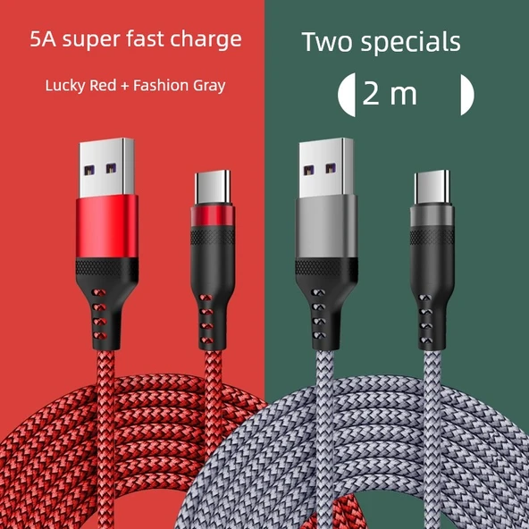 Type-C Hızlı Şarj Data Kablosu - 2 Metre Kırmızı ve Gri