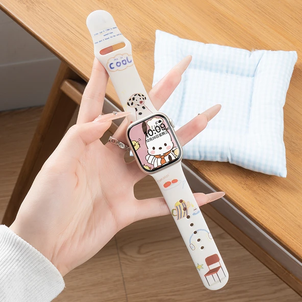 Sevimli Desenli Silikon Apple Watch Kordonu - iwatch S9/8/7 41mm - Retro Tatlı Kalp-3