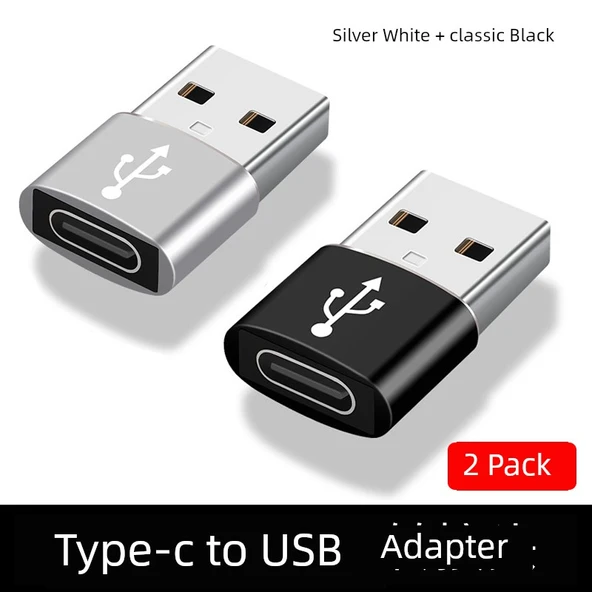 Type-C - USB Hızlı Dönüştürücü - Gümüş Beyaz + Klasik Siyah - 2 Adet