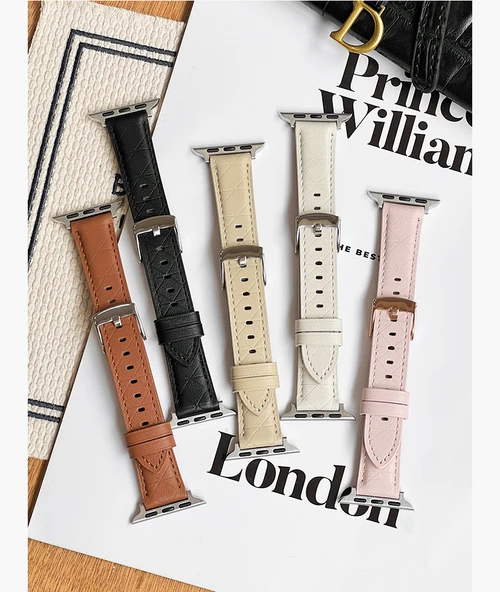 Deri Ekose Desenli Apple Watch Kordonu - Ultra1/2 49mm - Yulaf Ezmesi - Resim 7