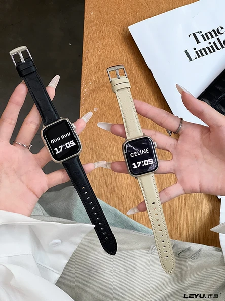 Deri Ekose Desenli Apple Watch Kordonu - Ultra1/2 49mm - Yulaf Ezmesi - Resim 2