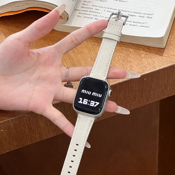 Deri Ekose Desenli Apple Watch Kordonu - S1~3 38mm - Krem Beyaz
