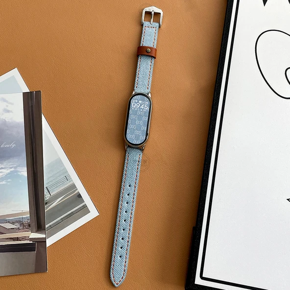 Xiaomi Mi Band 9/NFC Zımbalı Kot Kordon ve Nötr Şeffaf Kılıf - Açık Mavi (2 Film)