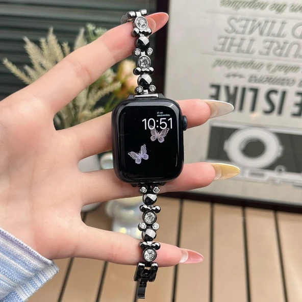 Elmas Ayı Metal iWatch Kayışı - Apple Watch S6/5/4/SE 40mm - Siyah
