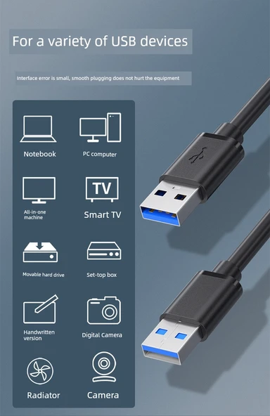 Çift Başlıklı USB 3.0 Erkek-Erkek Data Kablosu 1m - Yüksek Hızlı, Güçlendirilmiş Bağlantı (2 Adet) - 8