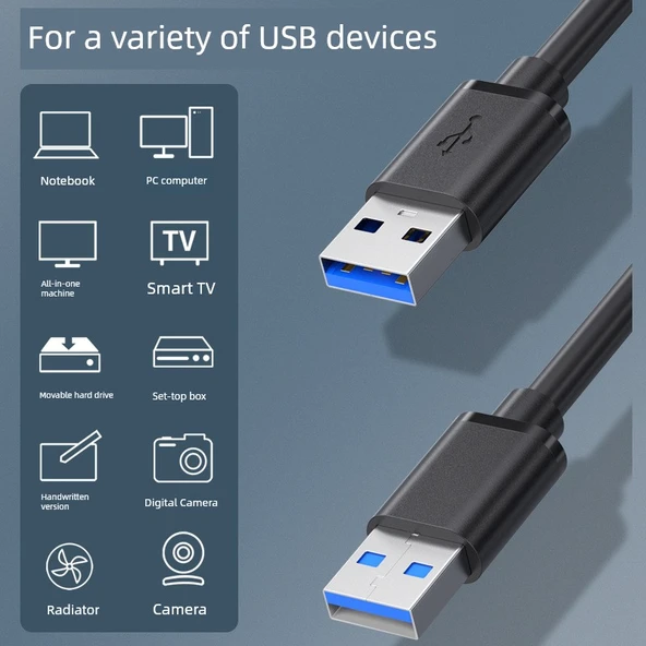 Çift Başlıklı USB 2.0 Erkek-Erkek Data Kablosu 2m - Güçlendirilmiş Bağlantı (2 Adet) - 3