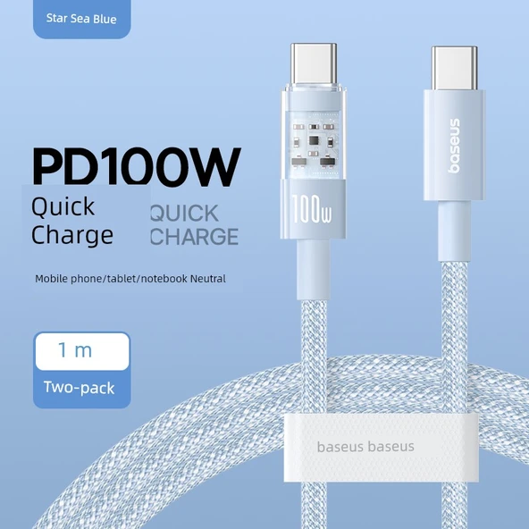 100W USB - Type-C Şarj ve Data Kablosu - 2m - Xinghai Mavi - Çift Type-C - İkili Paket