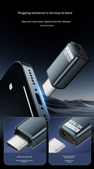USB4.0 Type-C Adaptör - Siyah Düz Başlık PD240W 80Gbps 8K - (Model 1) - 6