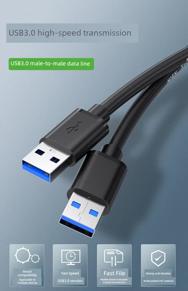 Çift Başlıklı USB 3.0 Erkek-Erkek Data Kablosu 1m - Yüksek Hızlı, Güçlendirilmiş Bağlantı (2 Adet) - 6