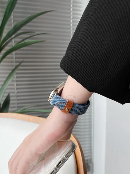 Xiaomi Mi Band 3-6/NFC Zımbalı Kot Kordon ve Şeffaf Kılıf - Puslu Mavi (2 Film Hediyeli) - 5