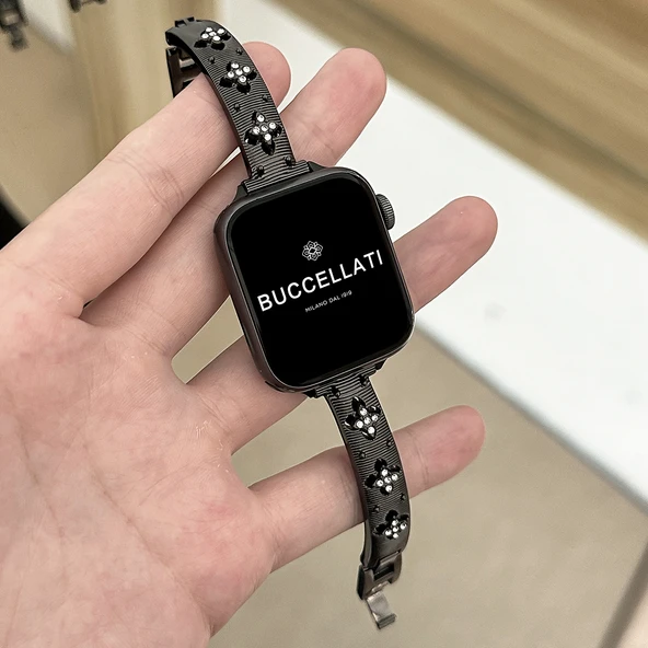 Bucelati Tarzı Paslanmaz Çelik Apple Watch Kordonu - 45mm Kadran - iwatch7/8/9 Nesil - Siyah