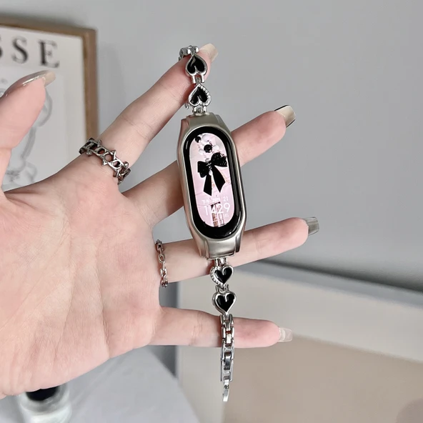 Xiaomi Bileklik 5/6 Metal Kasa Kordon - Kalp Zincirli Gümüş Siyah + Metal Kabuk-1