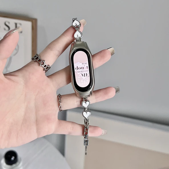 Xiaomi Bileklik 5/6 Metal Kasa Kordon - Kalp Zincirli Gümüş + Metal Kabuk-2
