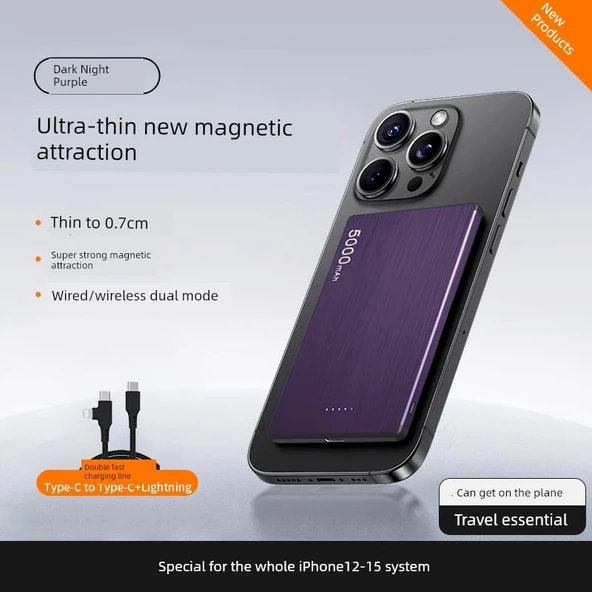 Manyetik Kablosuz Powerbank - 10000mAh - Koyu Gece Moru 5000mAh