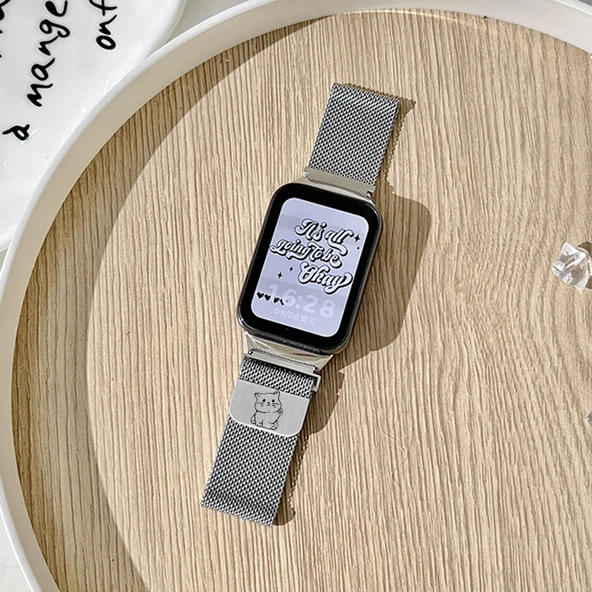 Xiaomi Bileklik 8/9 Pro Uyumlu Milanese Kordon - Lazer Oyma Gümüş Servet Getiren Kedi