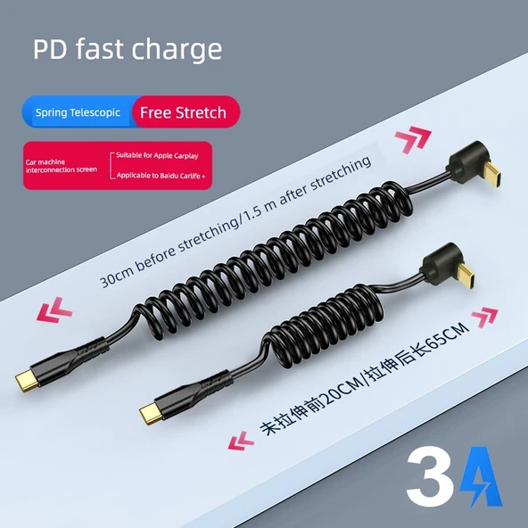 Type C - Apple PD Stereo Dirsek - Düz Yaylı Hızlı Şarj Kablosu - Uzun - 2