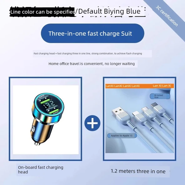 3'ü 1 Arada USB Kablosu - Araç Şarj Seti 1.2 metre