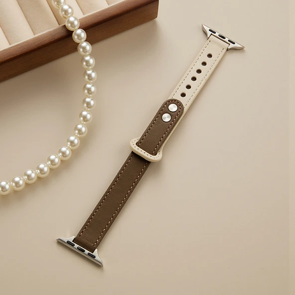 Apple Watch S10 42mm için Deri Kordon - Karamel Sütlü Çay Süt Kayısı