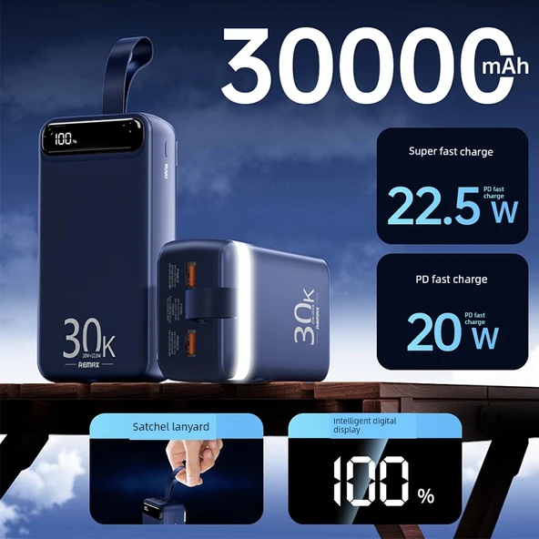 30000mAh 22.5W Hızlı Şarj Powerbank - Mavi [22.5WPD20W Süper Hızlı Şarj]