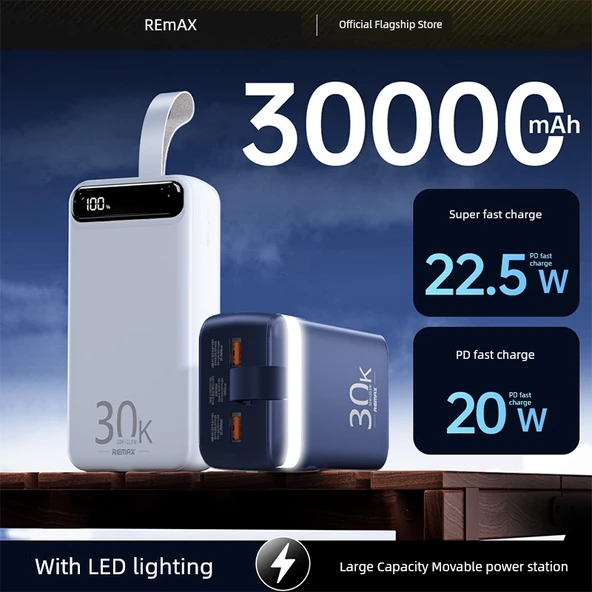 30000mAh 22.5W Hızlı Şarj Powerbank - Beyaz Apple Paket [PD Hızlı Şarj Kablolu] - 2