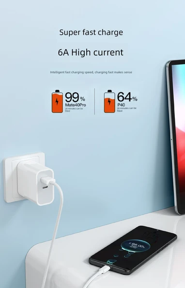 Type-C 6A 100W Süper Hızlı Şarj Data Kablosu - 1m Beyaz - Resim 6