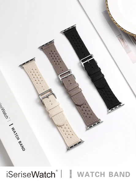 Nylon Örgü Apple Watch Kordonu 45mm (7~9 Gen) Tek Katmanlı Film - Siyah - 3