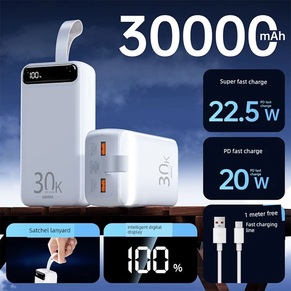 30000mAh 22.5W Hızlı Şarj Powerbank - Beyaz Paket [5A Hızlı Şarj Kablolu]